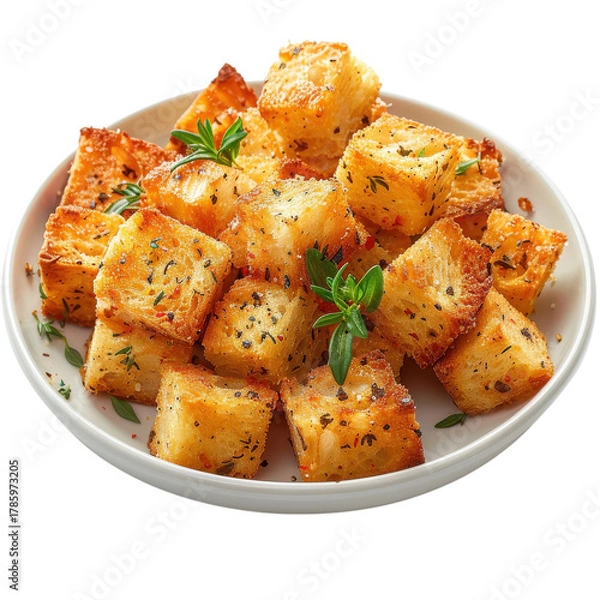 Fototapeta Perfectly golden garlic croutons served on a white plate for a delightful addition to salads or soups on transparent background