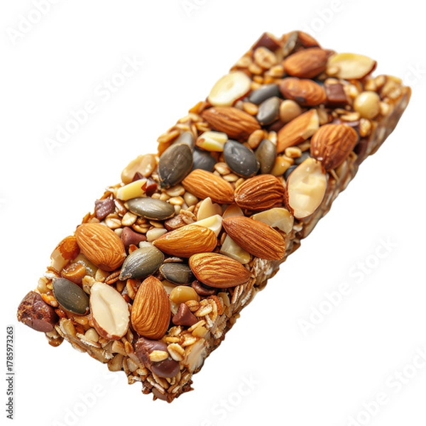 Fototapeta Nut bar made with various nuts and seeds displayed on a white surface ready for a healthy snack on transparent background