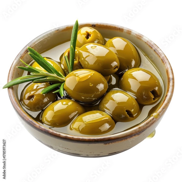 Obraz Green olives in a bowl with olive oil and a sprig of rosemary fresh from the kitchen on transparent background