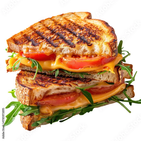 Fototapeta Grilled cheese sandwich with tomatoes and arugula served on toasted bread, perfect for lunch or a snack option on transparent background