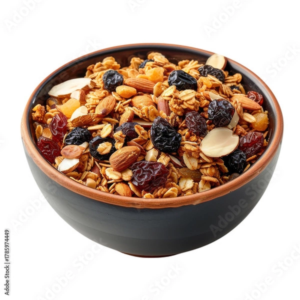 Fototapeta Healthy granola mix in a dark bowl with nuts and dried fruits for a nutritious breakfast option on transparent background