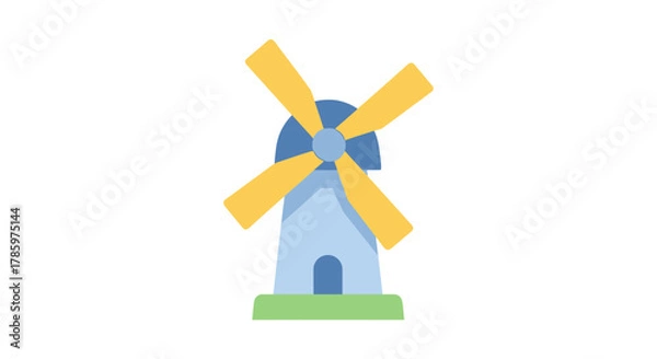 Fototapeta Windmill illustration, blue and yellow, simple design, perfect for projects.
