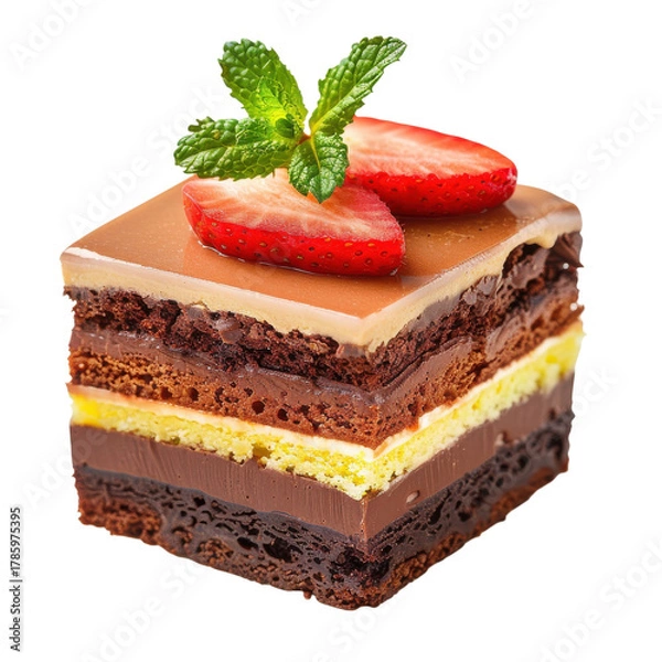 Fototapeta Delicious layered chocolate dessert with strawberries and mint, perfect for a sweet treat on transparent background