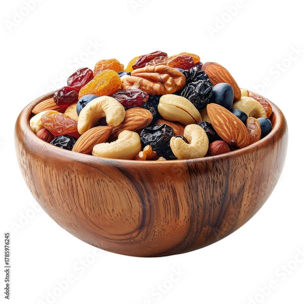 Fototapeta Nut and dried fruit mix in wooden bowl perfect for healthy snacking anytime of the day on transparent background