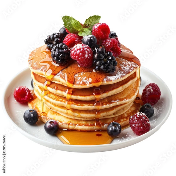 Fototapeta Stack of fluffy pancakes topped with fresh berries and syrup served on white plate on transparent background