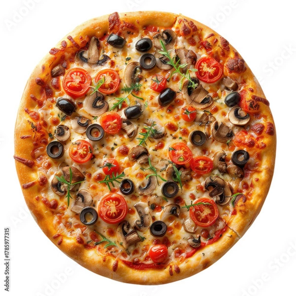Fototapeta Delicious vegetarian pizza topped with black olives, mushrooms, and cherry tomatoes on crispy crust on transparent background