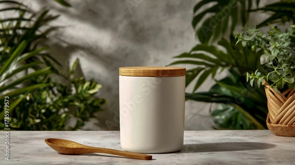 Obraz White eco-friendly bamboo canister with wooden lid and spoon, front view on white marble table, green plants in the background