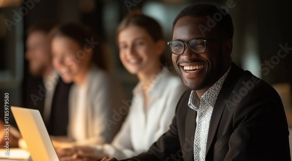 Obraz Smiling business team working together in modern open plan office