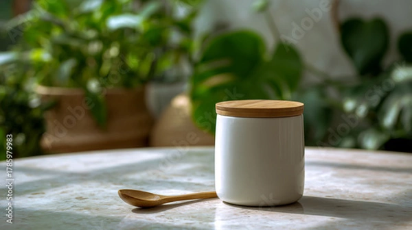 Fototapeta White eco-friendly bamboo canister with wooden lid and spoon, front view on white marble table, green plants in the background