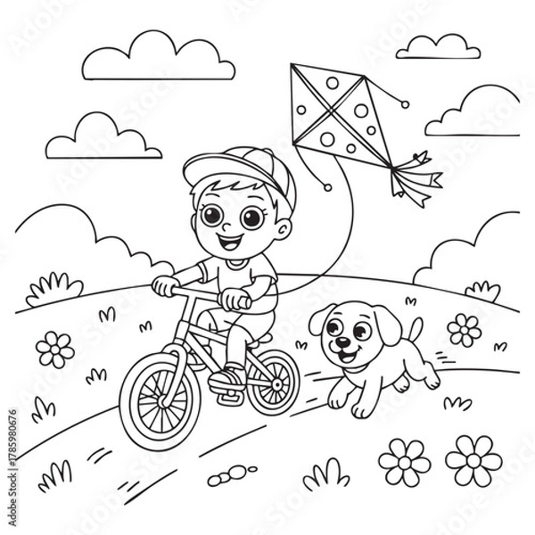 Fototapeta Cartoon boy on a bicycle with a kite and a running dog in a park with flowers bike