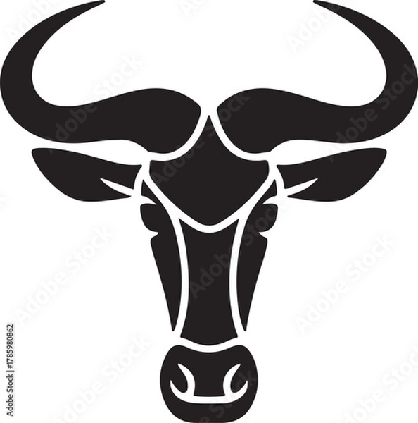 Fototapeta Stylized wildebeest head with prominent curved horns