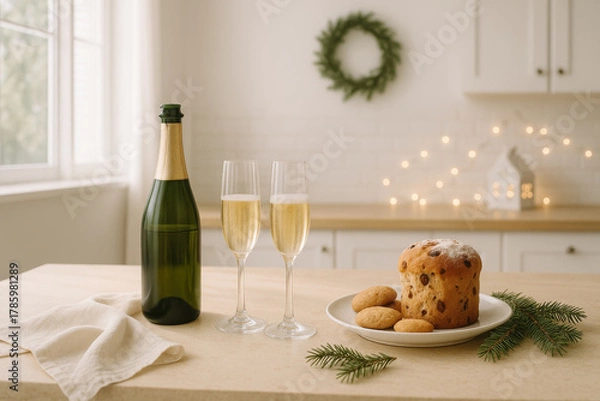 Fototapeta Festive holiday setting with champagne and panettone on a kitchen counter