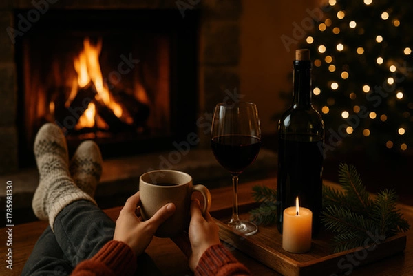 Fototapeta Cozy winter evening by the fireplace with warm drink and candlelit ambiance