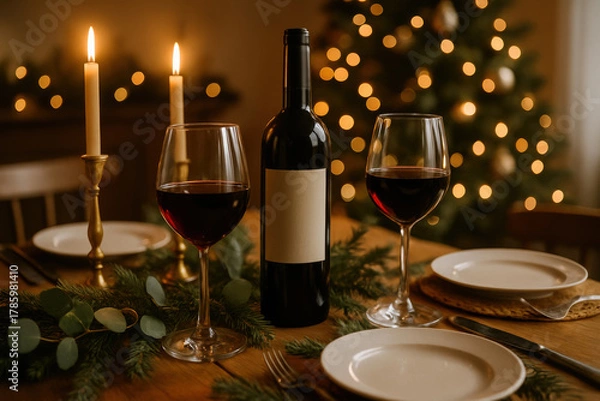 Fototapeta Festive candlelit dinner with wine and christmas tree in background