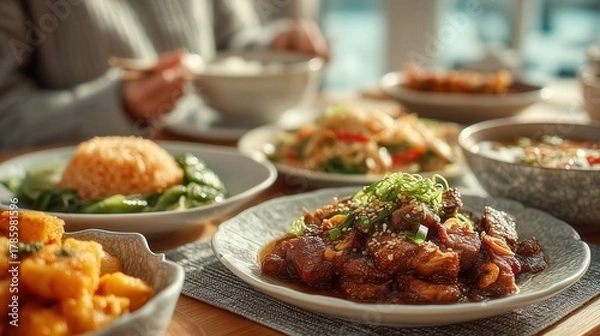 Fototapeta Traditional Asian meal with rice vegetables and glazed meat served at table. Generative AI