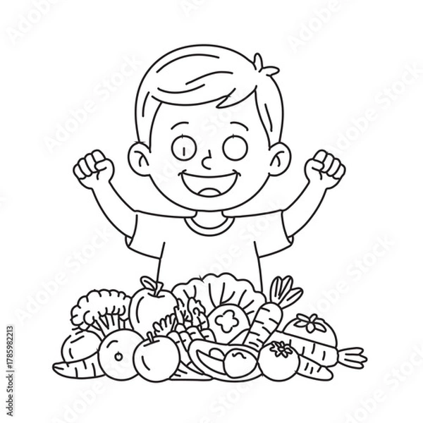 Fototapeta Cheerful boy with arms raised in victory, standing behind a pile of healthy fruits and vegetables child