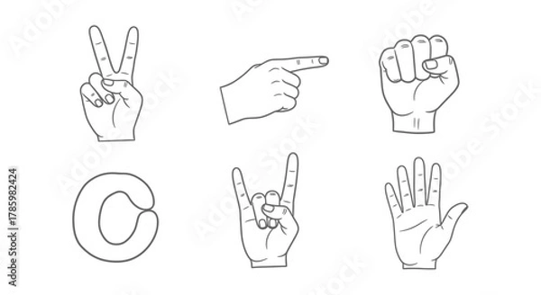 Fototapeta Six hand gestures illustrations: peace sign, pointing, fist, C shape, rock on, and open palm.