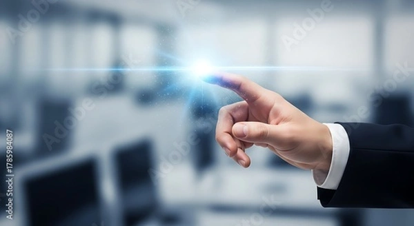 Fototapeta A hand in a suit touching a bright light in a blurred office environment with computers visible