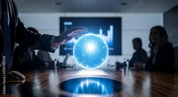 Fototapeta Business meeting with glowing orb and screen showing charts in a modern conference room setting