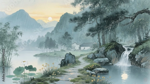 Obraz End of Heat Solar Term Landscape Chinese Painting Zen Chinese Classical Culture Background