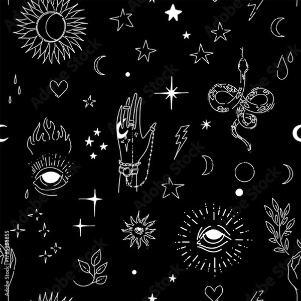Fototapeta Hand drawn linear black and white vintage ornament with magic symbols. Seamless Textile Design For Printing. Vector illustration.