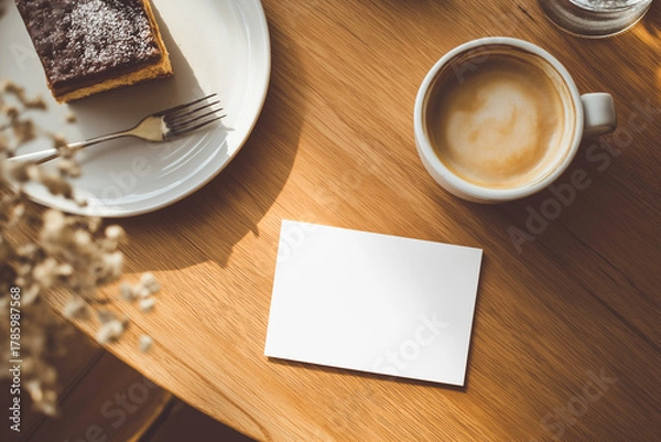 Fototapeta カフェテーブルに置かれた名刺モックアップとコーヒー