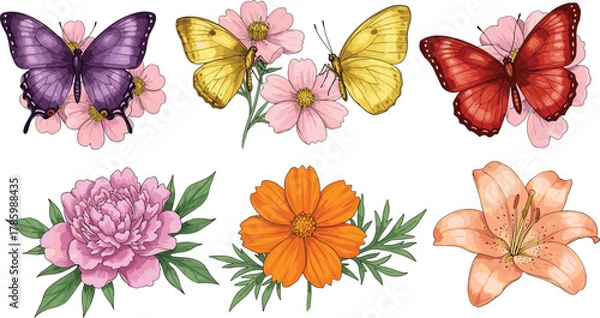 Obraz Butterfly and flower vector illustration, colorful insect with floral design, detailed botanical drawing, vibrant nature artwork, flat design art