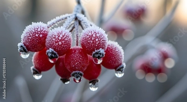 Fototapeta Red berries covered with frost on winter morning