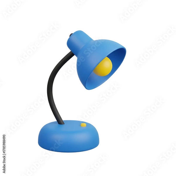 Fototapeta Modern blue desk lamp with bright yellow bulb illuminates workspace for focused productivity and creativity, a symbol of ideas and learning.