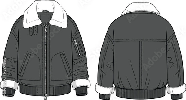 Obraz Cad drawing flat vector illustration of bomber jacket technical fashion design shearling collar ribbed cuffs zipper pockets garment construction sketch