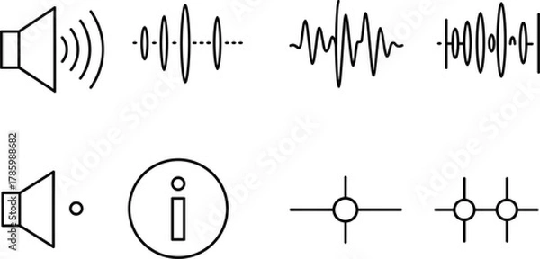 Obraz “Audio sound waveform icon set, speaker mute volume control information symbol vector illustration, digital music interface design collection”