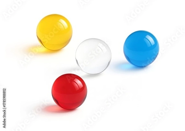 Obraz Minimalist composition of primary colours featuring several glossy glass spheres  arranged on a pure white surface