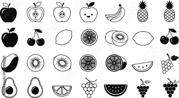 Obraz Black and white fruit grid illustration, cartoon vector fruits, sliced and whole, playful design, healthy food icons, CAD drawing flat vector illustration