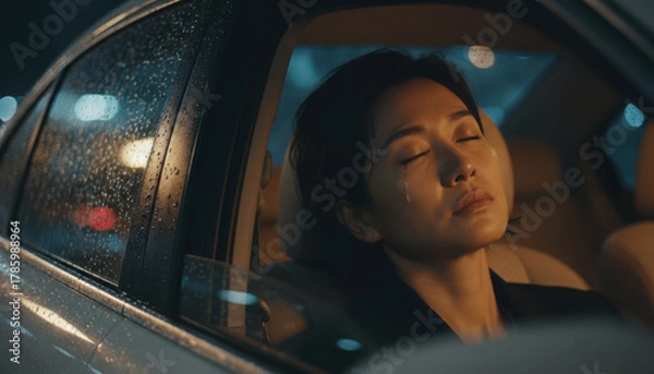 Obraz Exhausted woman in car, emotional expression, rain on window, nighttime setting
