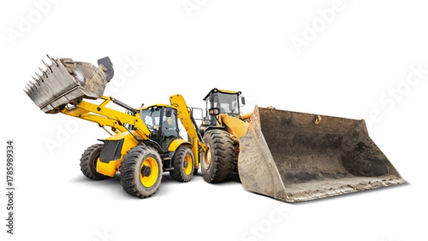 Fototapeta Construction equipment features a loader and a bulldozer ready for action, showcasing bright yellow paint and robust design against a clean backdrop.