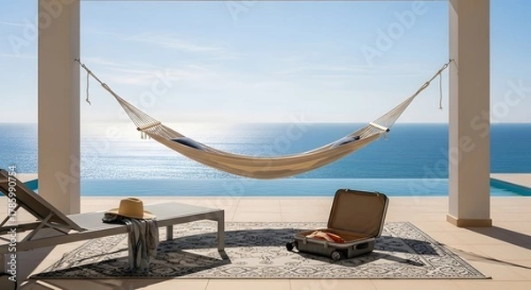 Fototapeta Hammock and lounge area facing blue tropical ocean