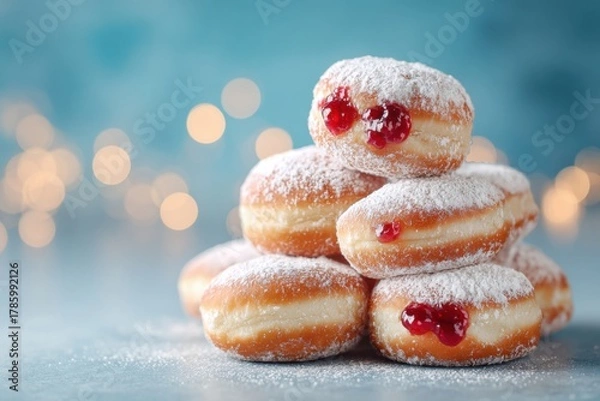 Fototapeta traditional Hanukkah sufganiyot covered in powdered sugar and filled with fruit jelly beside menorah and festive ornaments on blue background