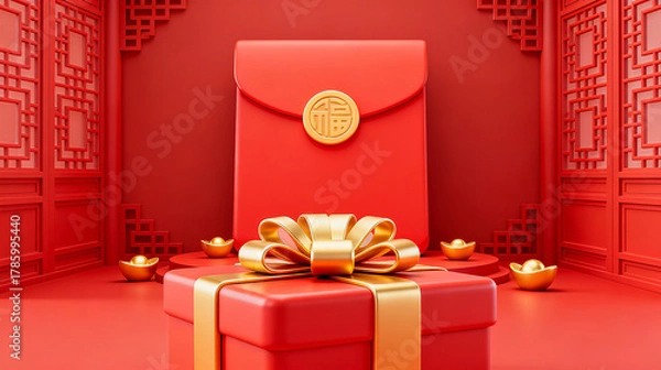 Obraz Giant bow gift box and gold ingot red envelope New Year element background