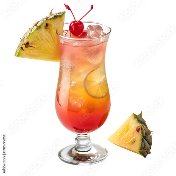 Fototapeta Tropical hurricane cocktail with pineapple and cherry isolated on transparent background
