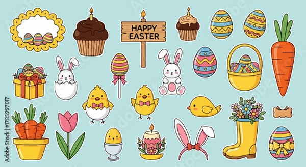 Fototapeta A collection of cute cartoon Easter illustrations featuring bunnies, chicks, eggs, carrots, and other festive elements on a light blue background.