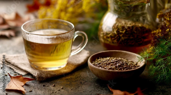 Obraz A cup of fennel tea and a small bowl with cumin seeds
