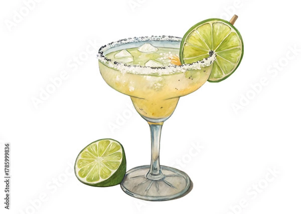 Fototapeta Refreshing margarita cocktail with lime slices isolated on transparent background