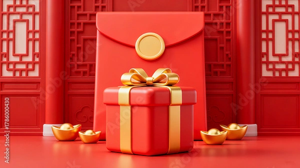 Obraz Giant bow gift box and gold ingot red envelope New Year element background