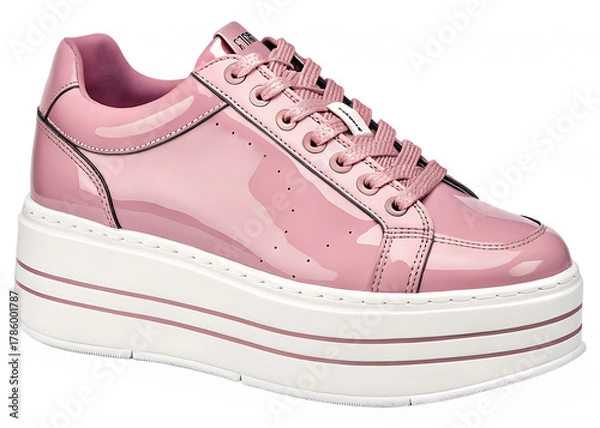 Fototapeta Pink patent leather platform sneaker isolated on transparent background