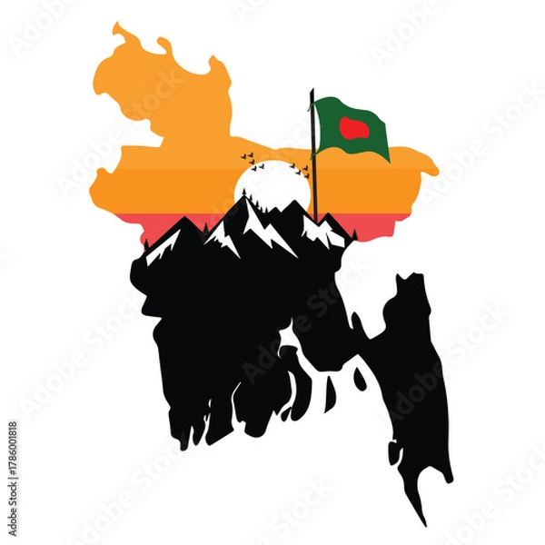 Obraz Bangladesh Map Vector with Sunset Landscape, Mountains and National Flag