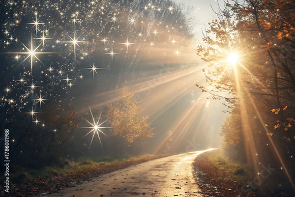 Fototapeta Magical forest path with sunbeams and stars isolated on transparent background