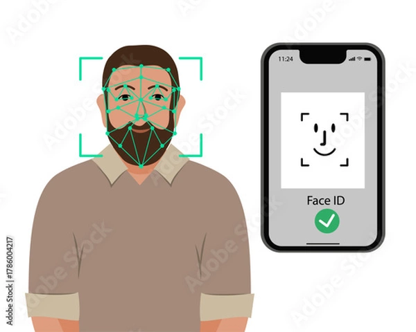 Fototapeta Verification ID is an illustration of Verification ID using system of face recognition and personal ID. The concept is take a photo by holding their own ID to get verified. Vector illustration.