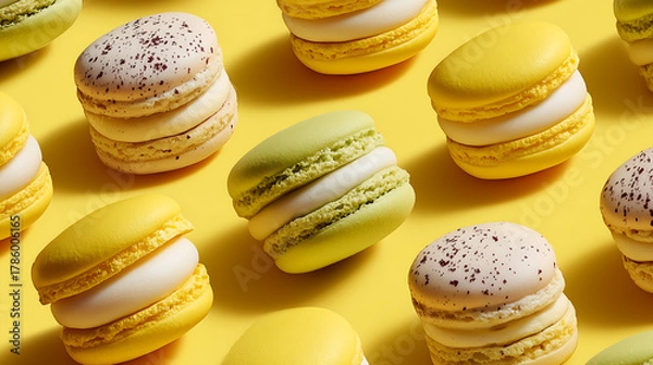 Obraz soft yellow background with vibrant macarons arranged in a playful pattern