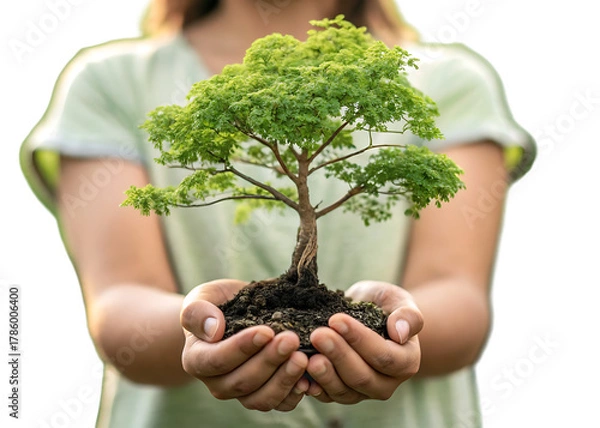 Fototapeta Person holding a small green tree in their hands isolated on transparent background