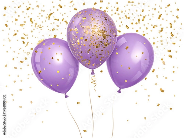 Fototapeta Three purple balloons with gold confetti isolated on transparent background